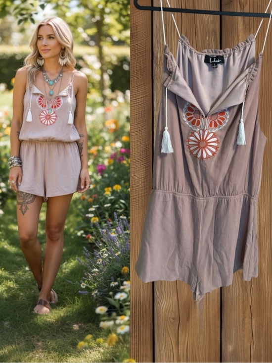 Lulus Pants - Lulus “Barcelona Beauty” Blush Pink Embroidered Tassel Boho Romper Size Large